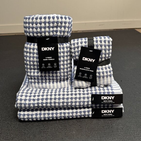 8 Pc. DKNY Monet Tile Blue White Squares Dots Stripes Towel Set Towels Gingham - Picture 1 of 11
